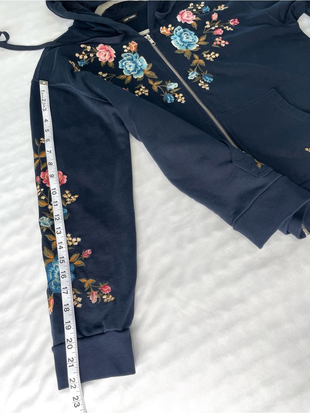 Driftwood "Blue Bell Fleur" Embroidered Zip Hoodie Navy XL (Hood Details) - Picture 8 of 10